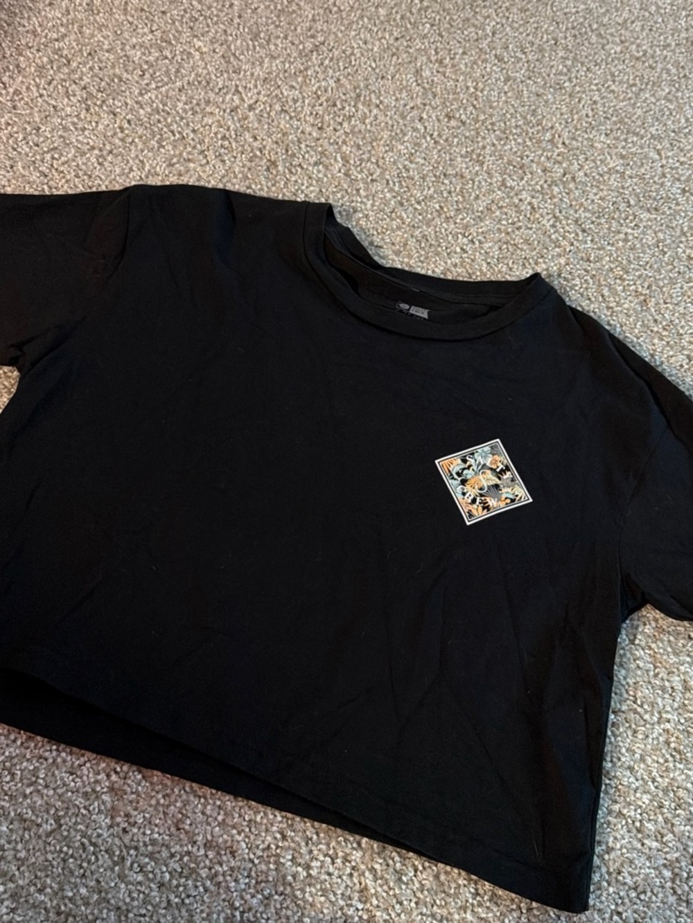 Salty Crew Black Cropped Tee with Floral Square Patch